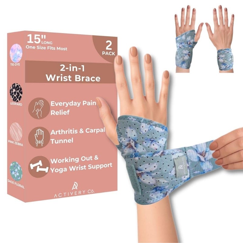 Activery Co Carpal Tunnel Wrist Brace Left Hand, Right Hand for Women, Day or Night Compression Wrist Support Brace for Fitness, Keyboard Use, or Overnight Support, 2 Pack, Sage Green Floral Print - Image 1